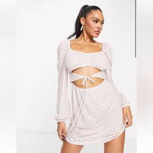 ASOS DESIGN long sleeve cut out dress in pink floral stripe Size 2